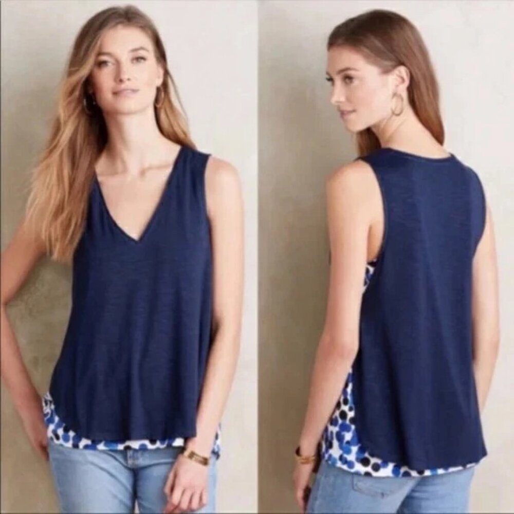 Deletta Blue Polka Dot‎ Mixed Media Sleeveless V-Neck Layered Tank Top Size XS